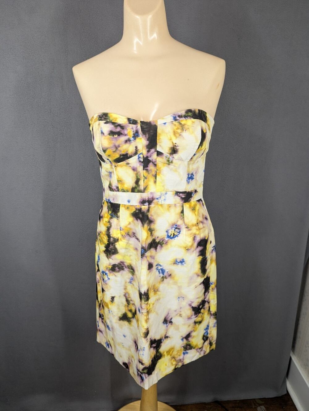 J. Crew Strapless Watercolor Yellow Purple Blue Fleurette Bustier Dress Size 4